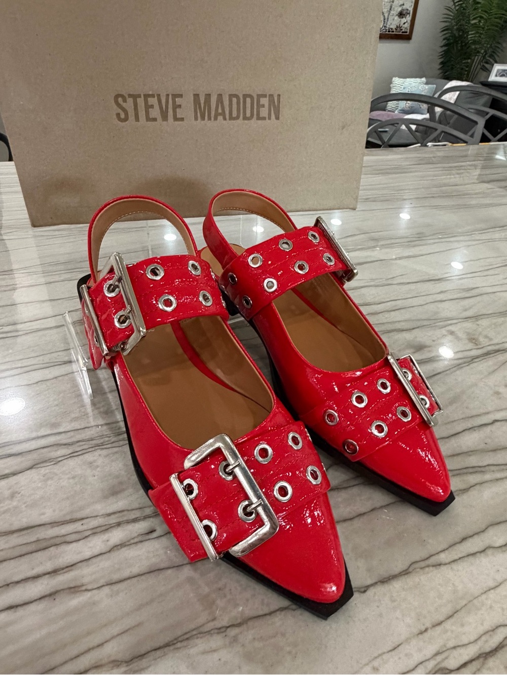 Steve Madden Red Patent Pointed Buckle Slingback Flats